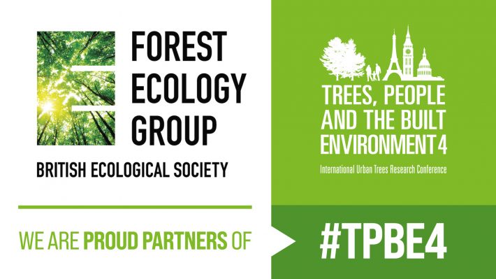 The logo of the Forest Ecology Special Interest Group, which is an upward view of a forest, appears next to the conference logo, which is a while silhouette of two trees, two adults with a young child, the eiffel tower, big ben, and St Peter's Basilica
