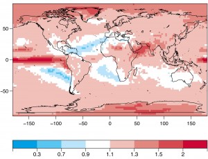 Estimated changes in flood frequency for the period 2080–2099 relative to the period 1986–2005.